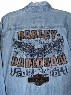 Vintage Harley Davidson embroidered denim jean button up shirt size large